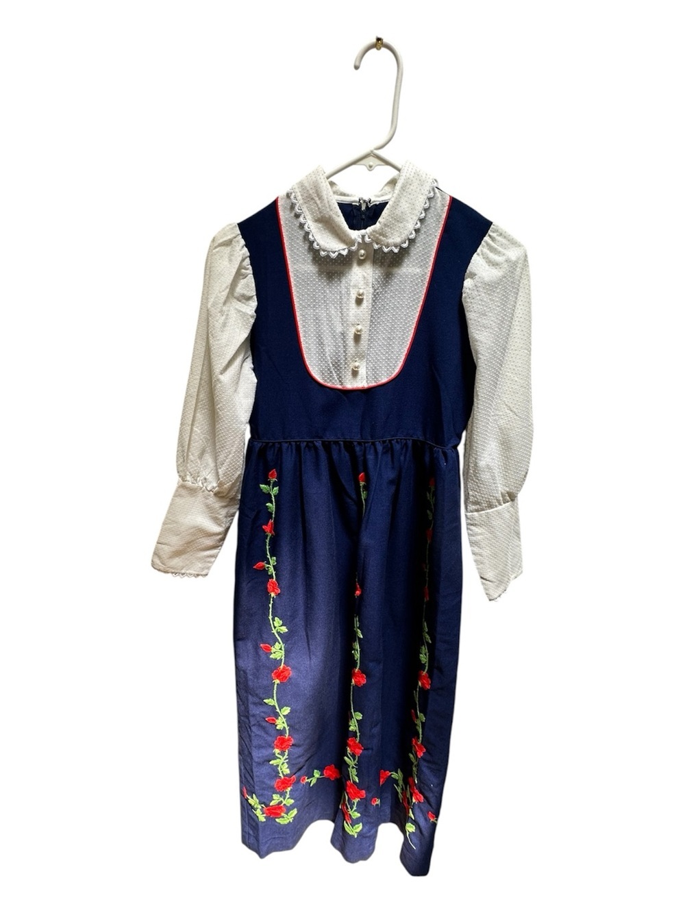 Vtg Youngland Navy Dress with White Blouse and Red Floral Embroidery